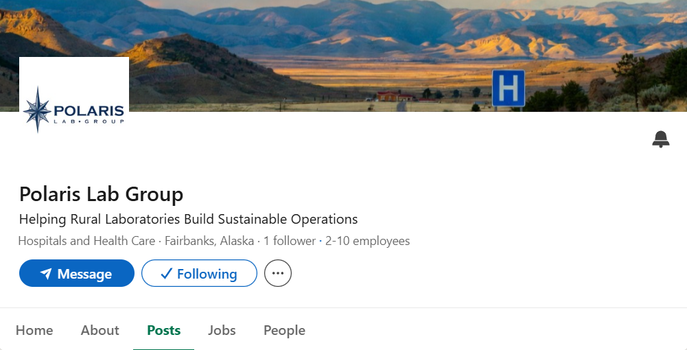 Screenshot of Polaris Lab Group's LinkedIn profile page showing a scenic landscape with mountains, a blue hospital sign, and a Polaris logo in the top left corner.