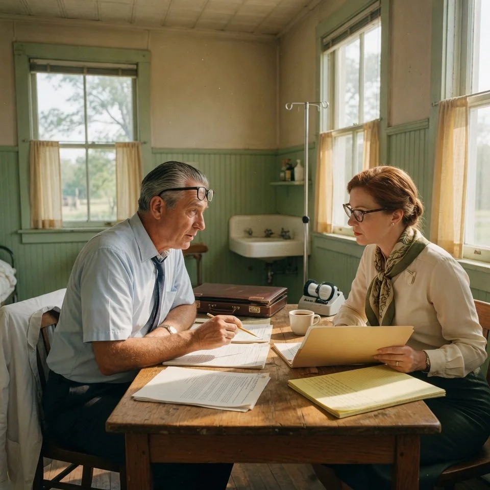 A doctor and a woman are having a serious discussion at a wooden table in a room with green walls, large windows with curtains, and a sink visible in the background.
