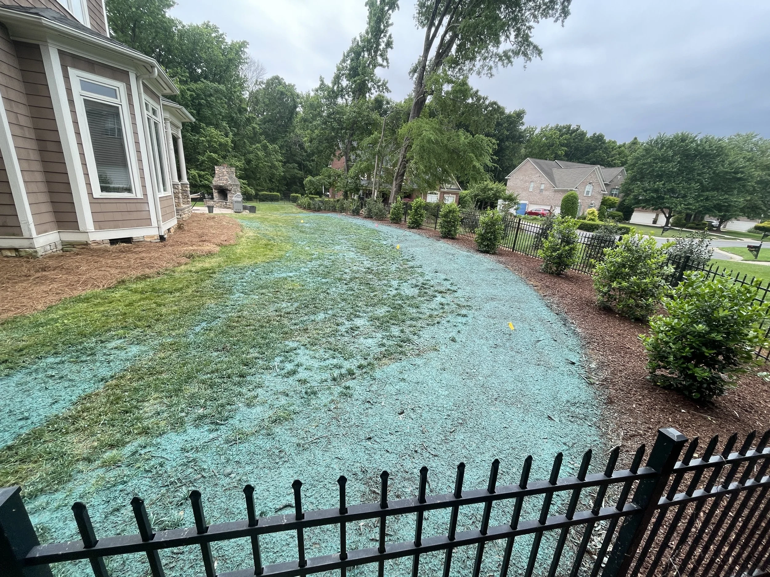 A backyard with a brown house on the left, a small outdoor fireplace, and a fenced garden with shrubs. The ground has a turquoise-colored material, possibly mulch or gravel, with some grass patches. The sky is overcast, and there are other houses and