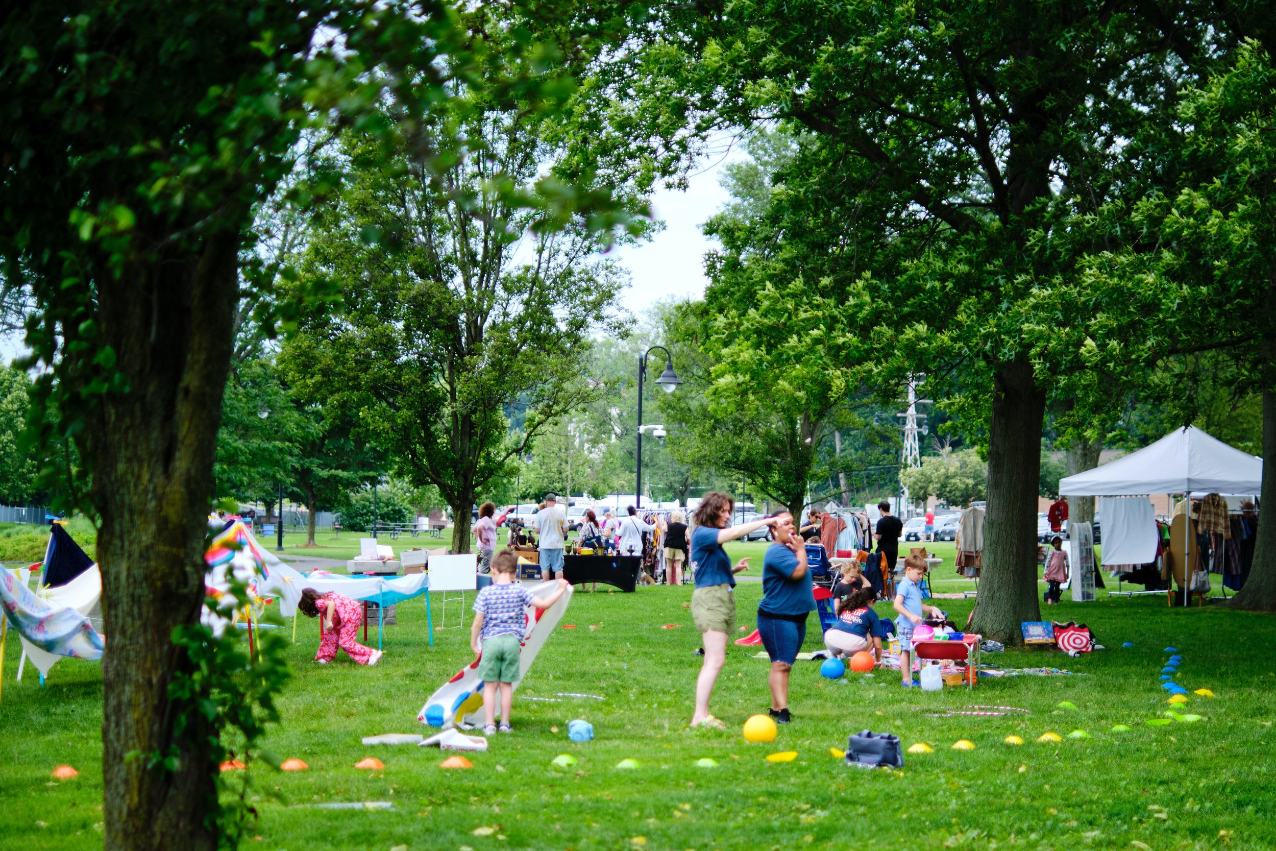 A lively outdoor community event in a park with people walking and children playing, surrounded by tall trees and vendor tents, with grassy area and scattered colorful balls on the ground.