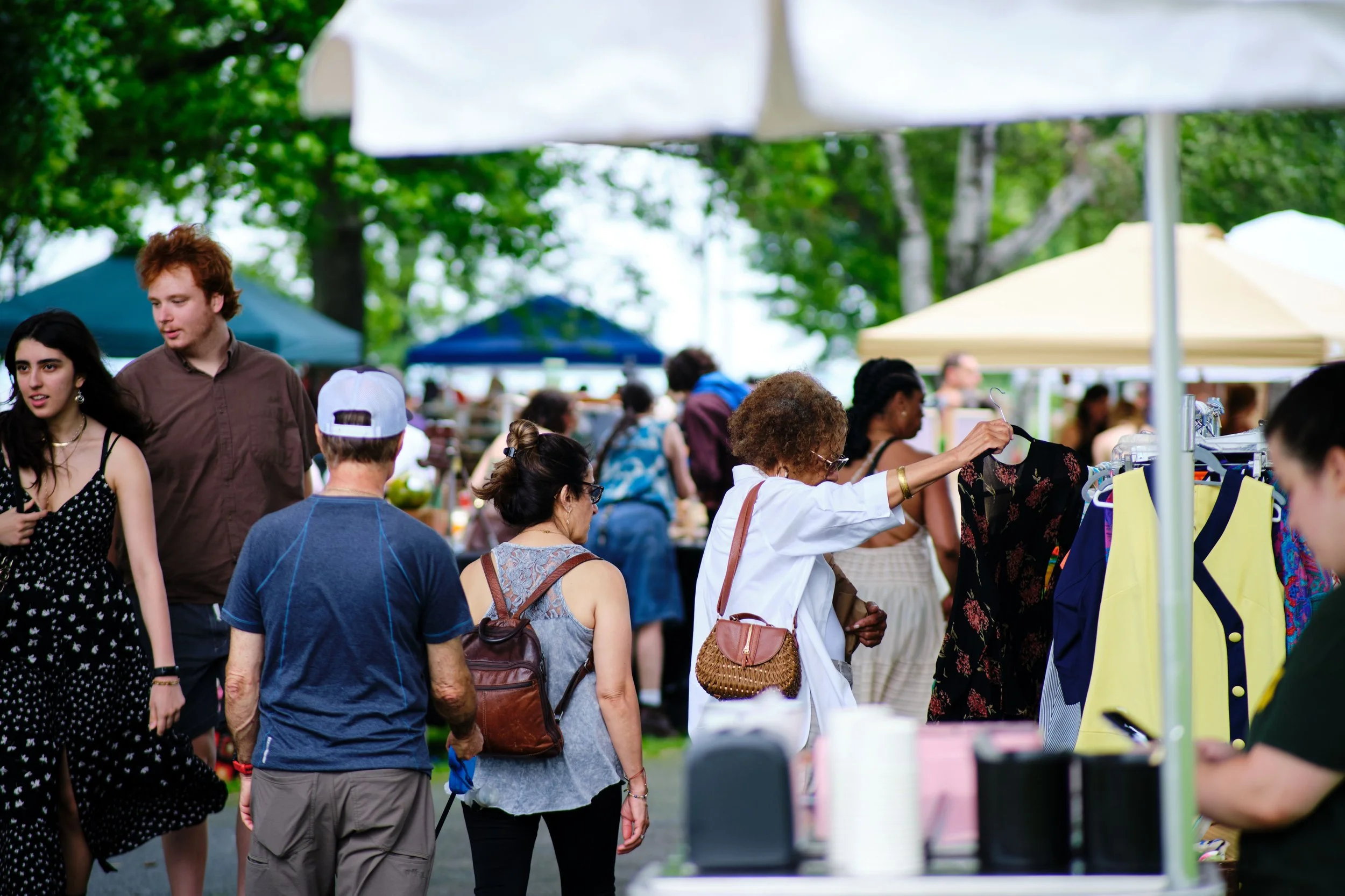 People browsing stalls at an outdoor market with trees and tents in the background.