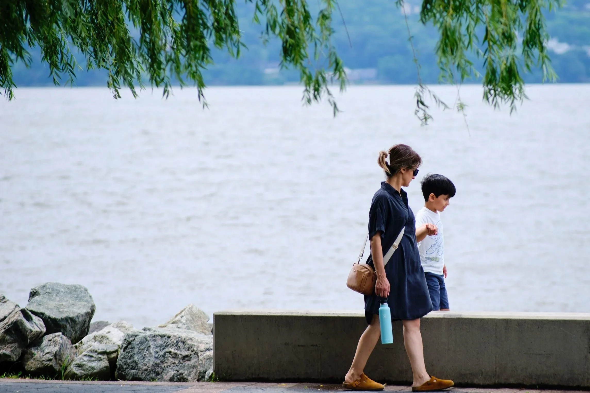 A woman and a young boy walking along a lakeside path, with rocks and trees nearby, and water in the background.