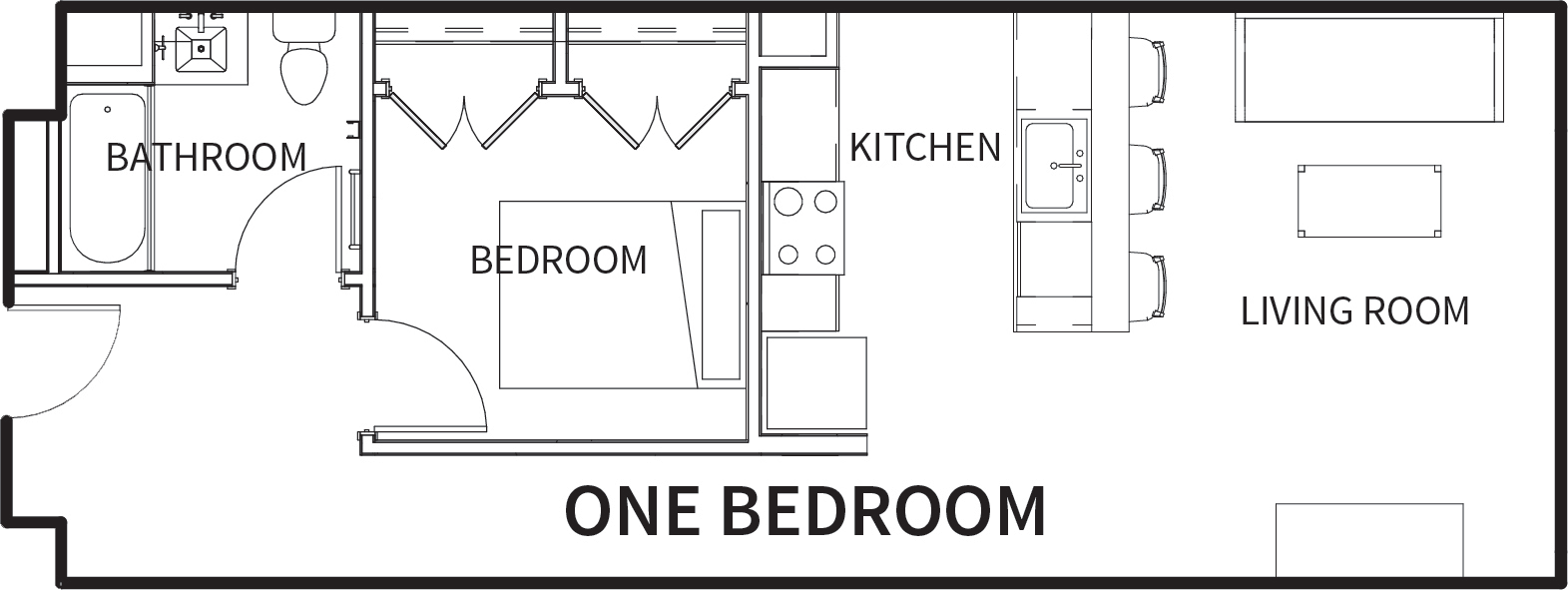 Spacious and well-designed One Bedroom floor plan featuring a bedroom, living room, kitchen, bathroom, and ample storage space.