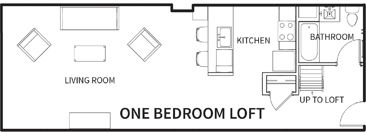 Spacious and well-designed One Bedroom Loft floor plan featuring a lofted bedroom, living room, kitchen, bathroom, and ample storage space.