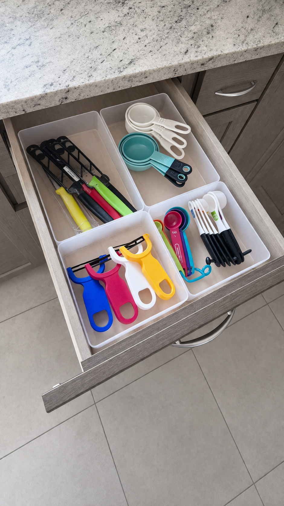 Organized kitchen utensil drawer, NYC home organizer