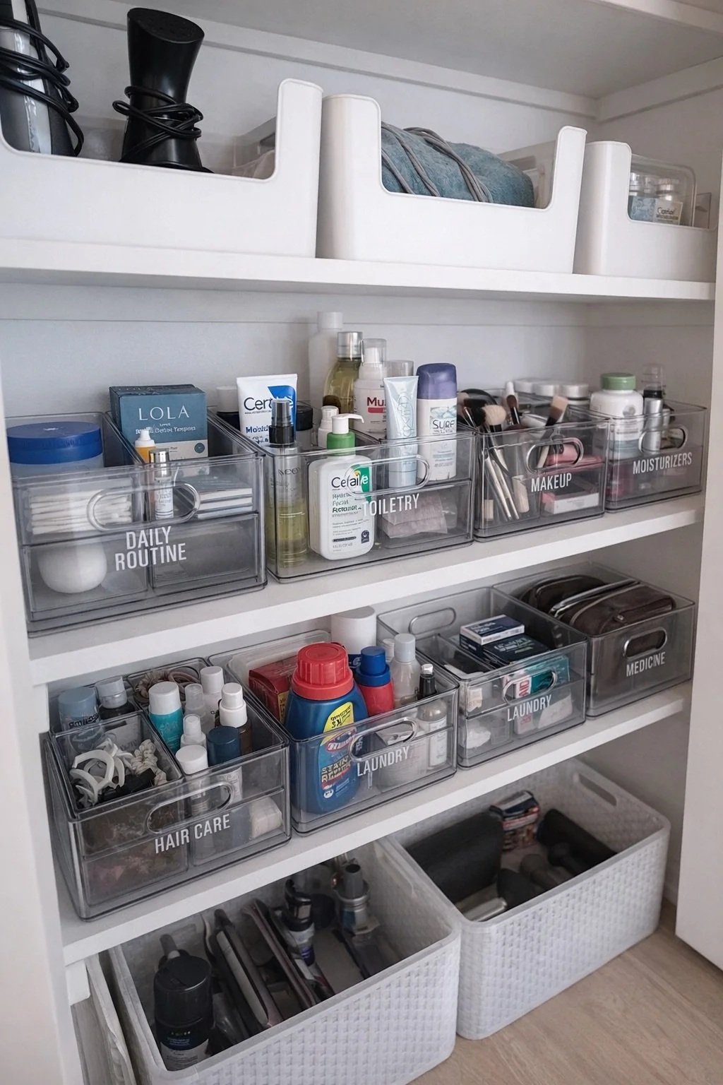 Organized bathroom cabinet with labeled storage bins, NYC home organizer