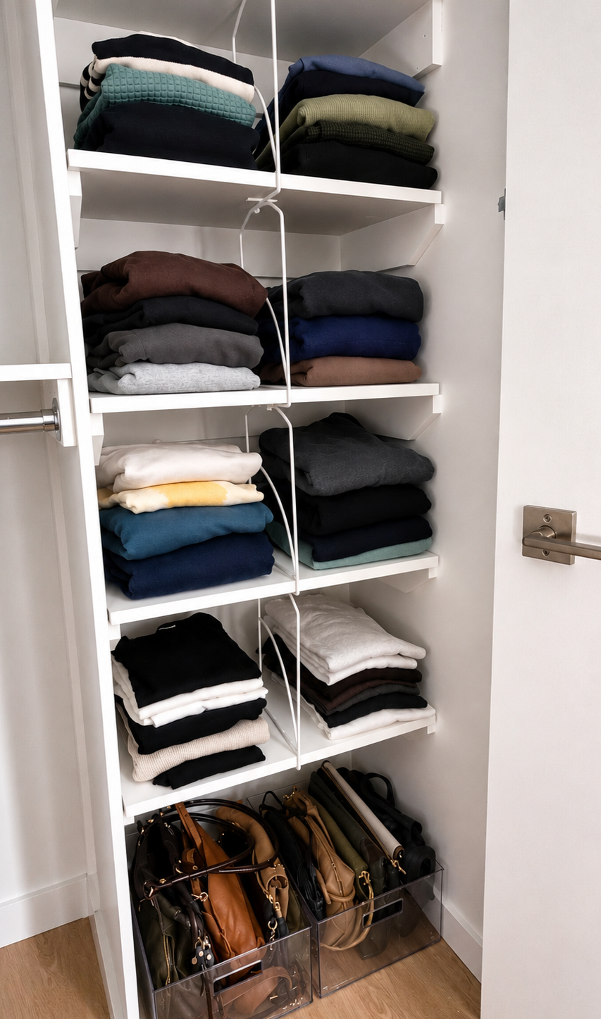 Organized closet with neatly folded clothing, categorized apparel, and handbags stored in clear bins on white shelving