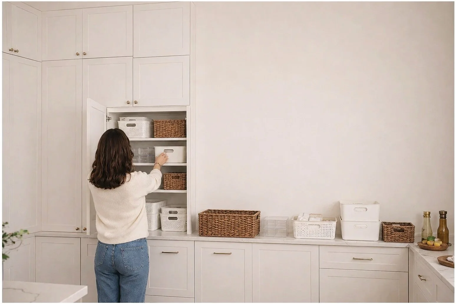 Professional home organizer arranging white bins, woven baskets, and clear acrylic containers inside a kitchen pantry cabinet in a New York City home