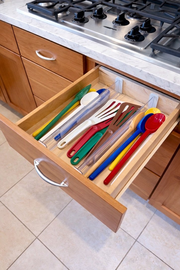 Organized kitchen utensil drawer, NYC home organizer