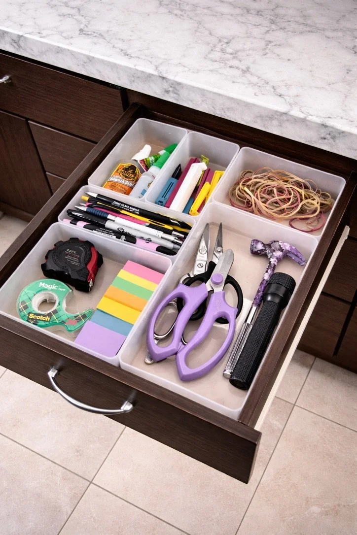 Organized office and craft supply drawer, NYC home organizer