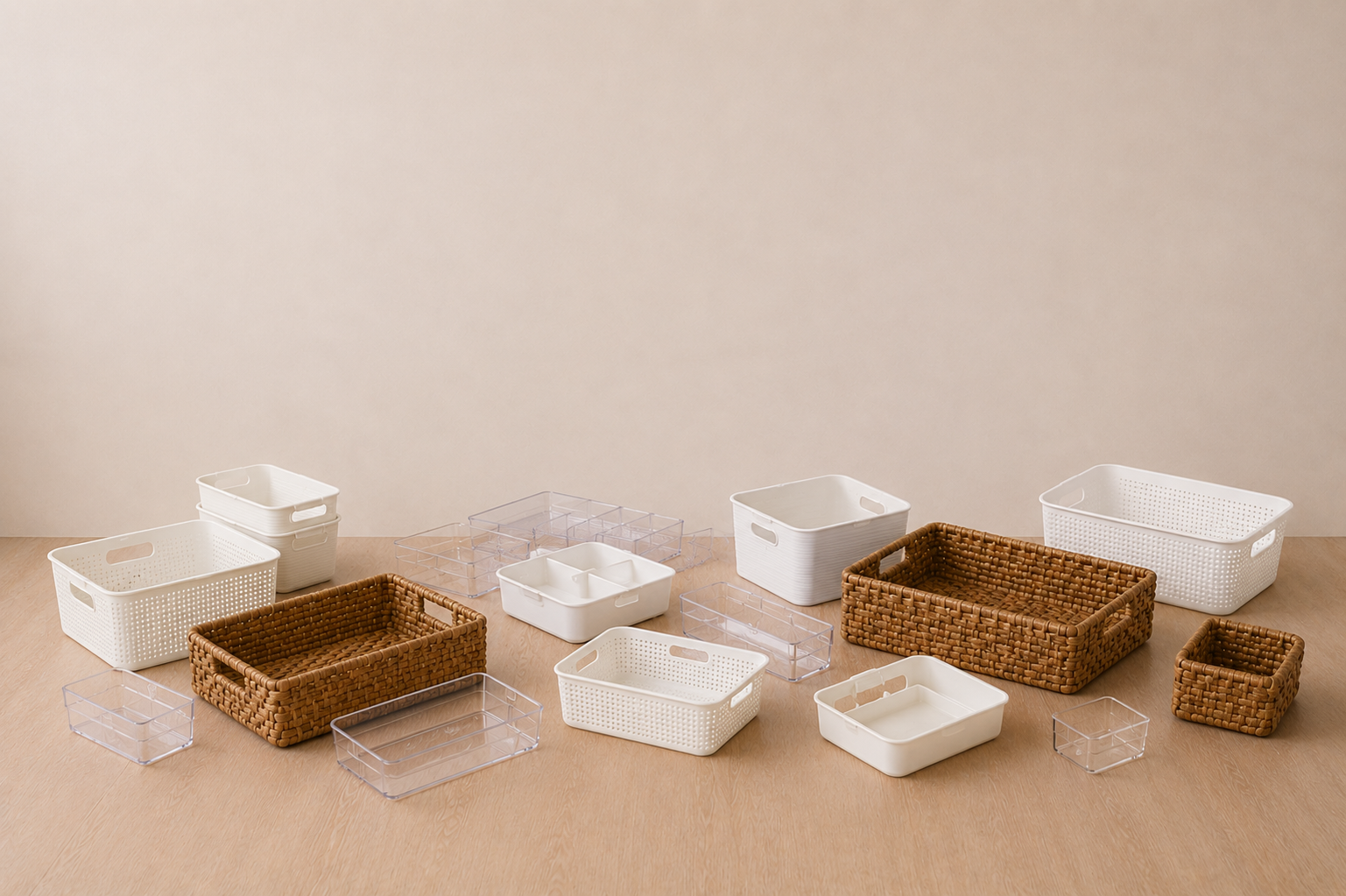 Assortment of empty home organization containers including white lattice bins, woven rattan baskets, and clear acrylic organizers arranged on a wood floor by a professional home organizer in New York City
