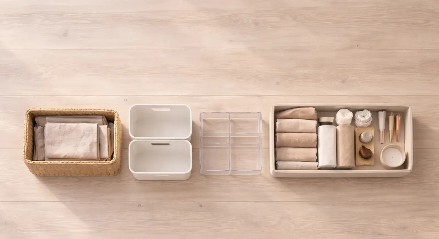 Organized fabric or textile supplies including folded fabrics, containers, and storage boxes on a light wooden surface.