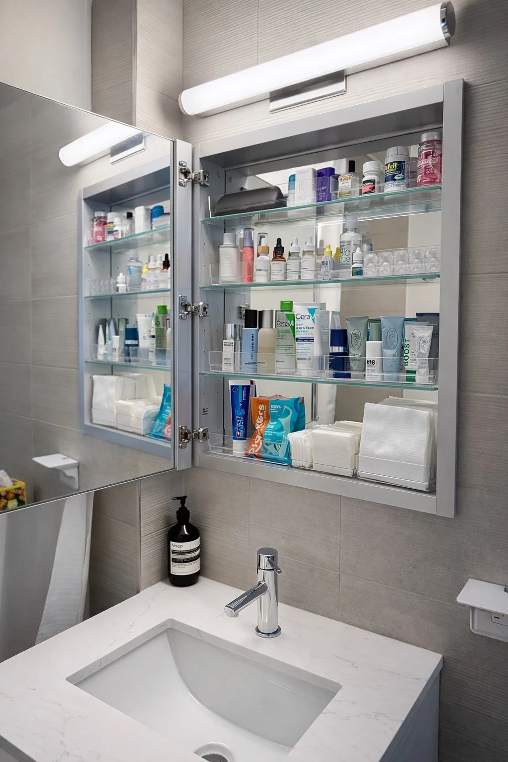 Organized bathroom medicine cabinet, NYC home organizer