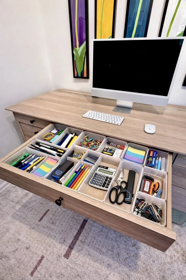 Organized desk drawer with office supplies, NYC home organizer