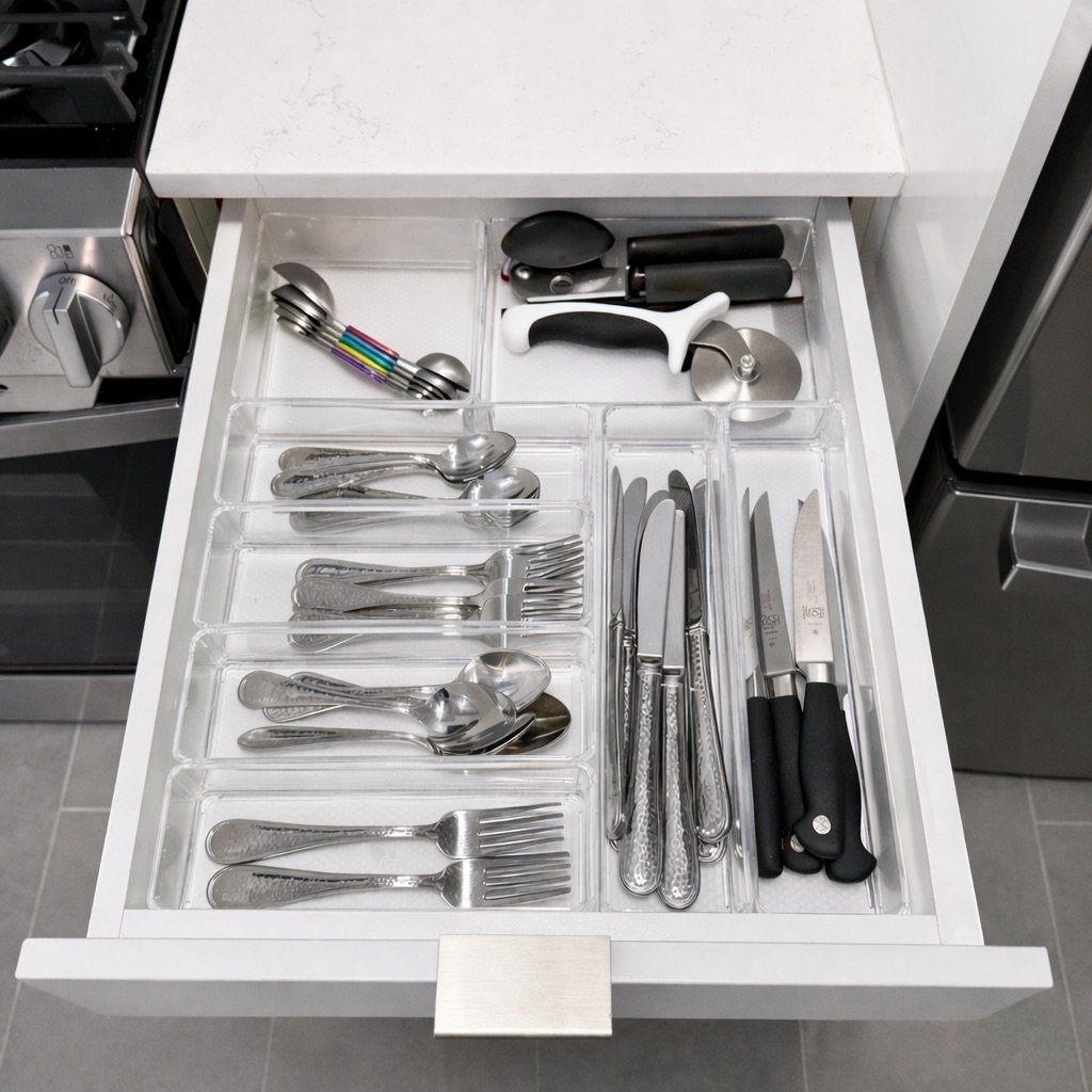 Organized kitchen silverware and utensil drawer, NYC home organizer