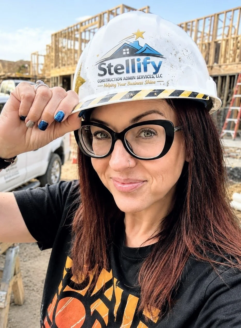 brenda@stellifypro.com Image shows founder Brenda Goodenberger on a construction site, wearing a Stellify hard hat.