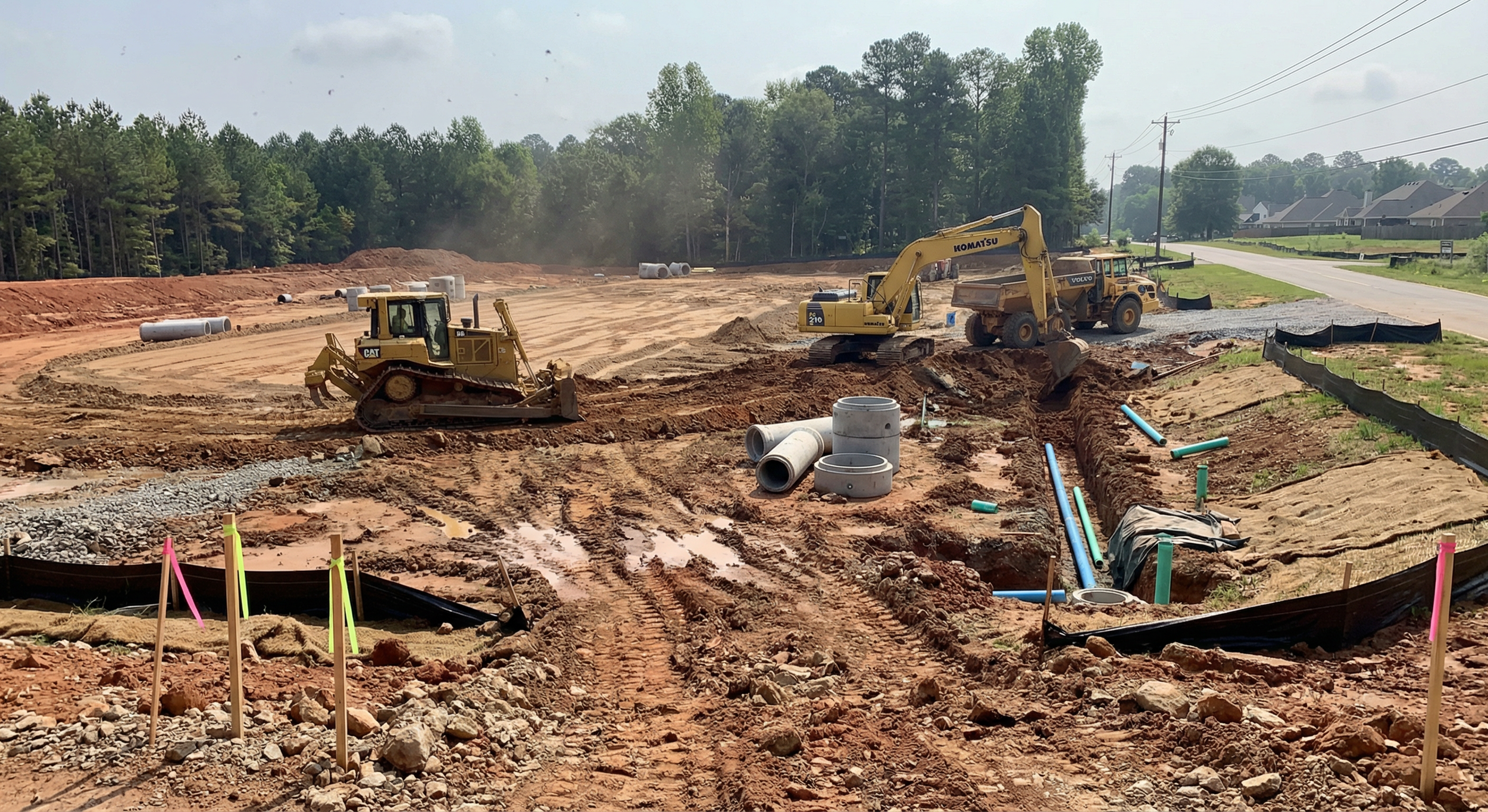 Construction site with excavators and piping, dirt and gravel ground, trees in background, partially cloudy sky.