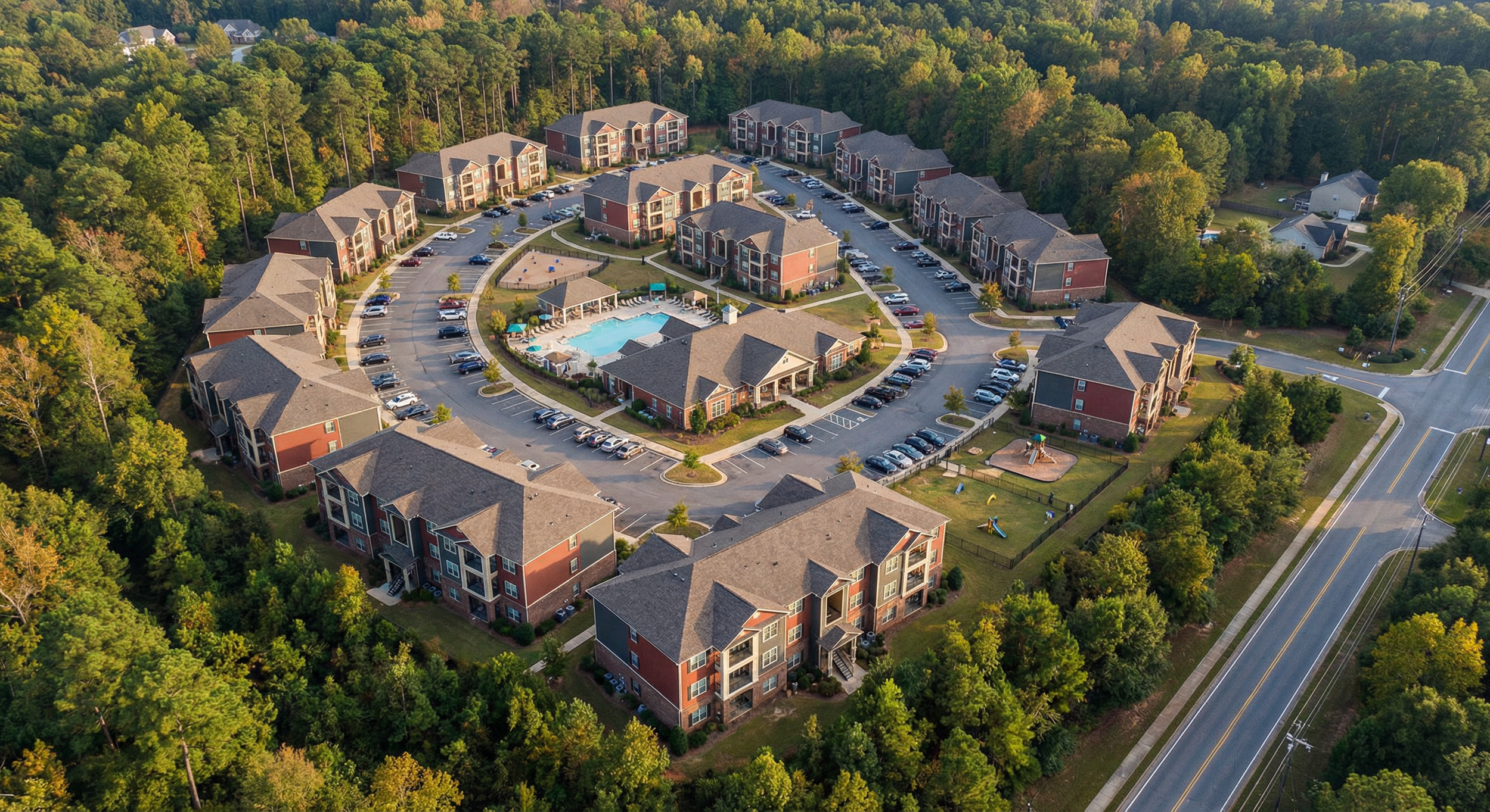 Aerial view of a residential apartment complex with a swimming pool, surrounded by green trees and roads.