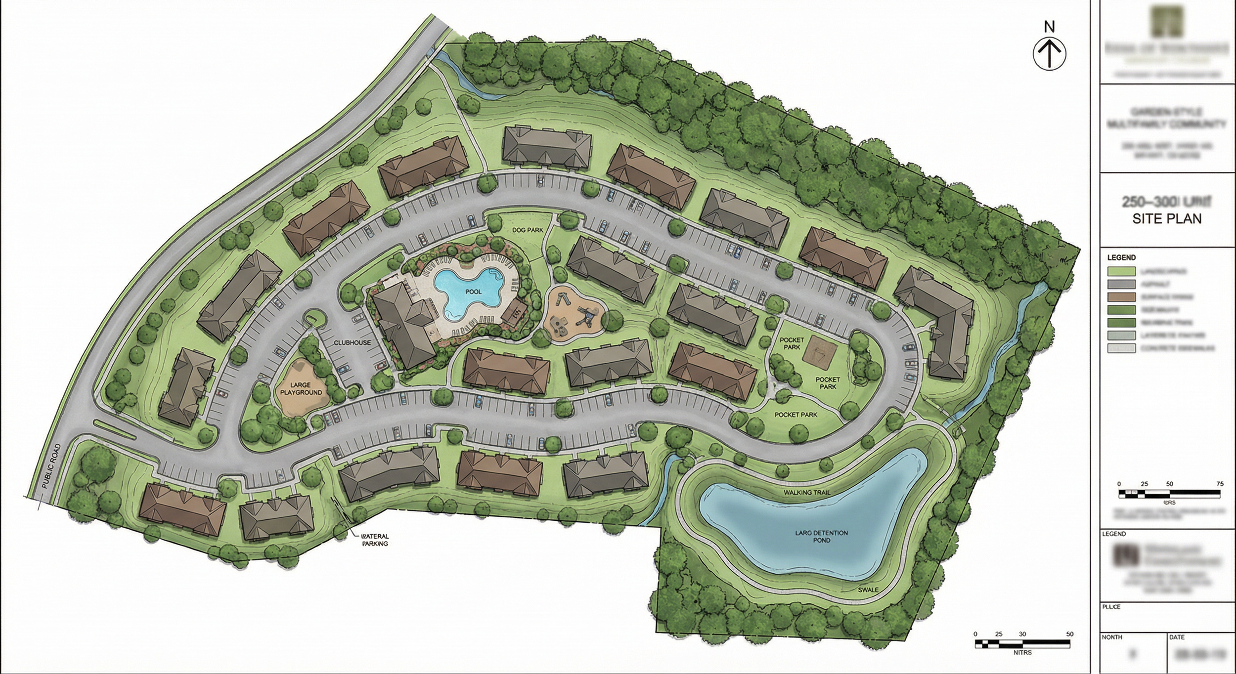 Site plan of a multi-family residential community featuring buildings, parking lots, a swimming pool, clubhouse, large playground, pond with a swale, walking trail, and pocket parks, with wooded areas and a public road on the perimeter.