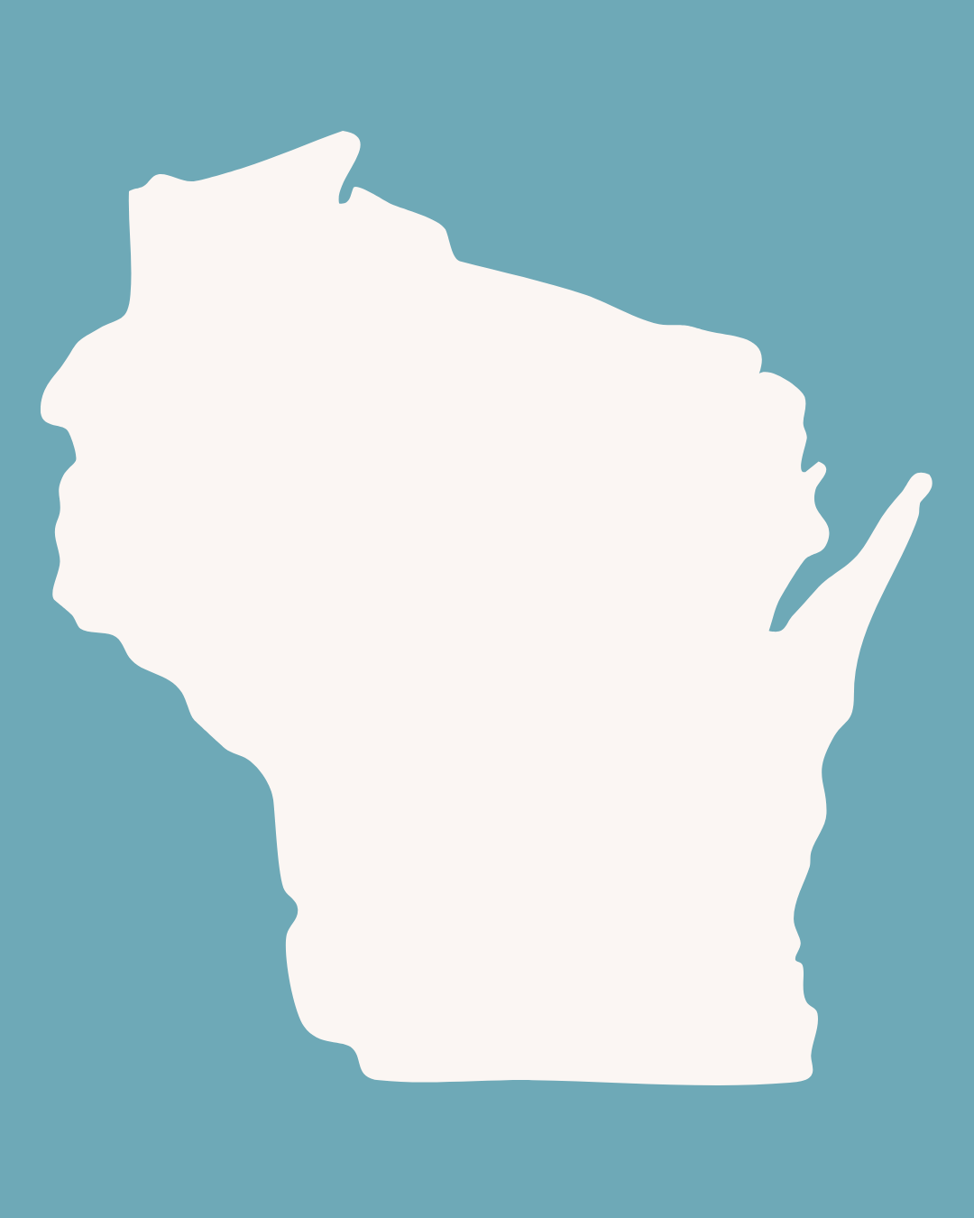 Map outline of the state of Wisconsin with a blue background.