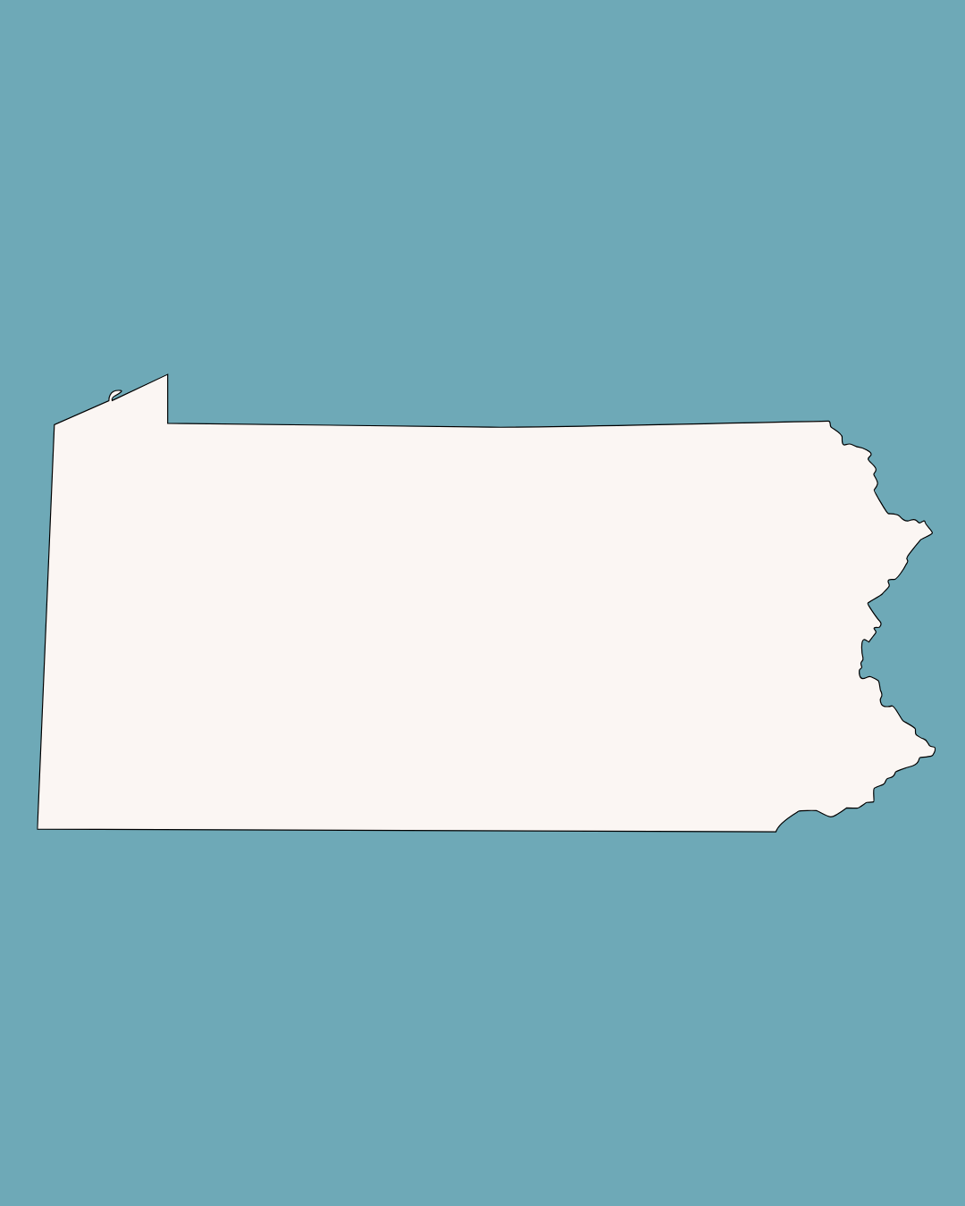 Outline map of the state of Pennsylvania on a blue background.