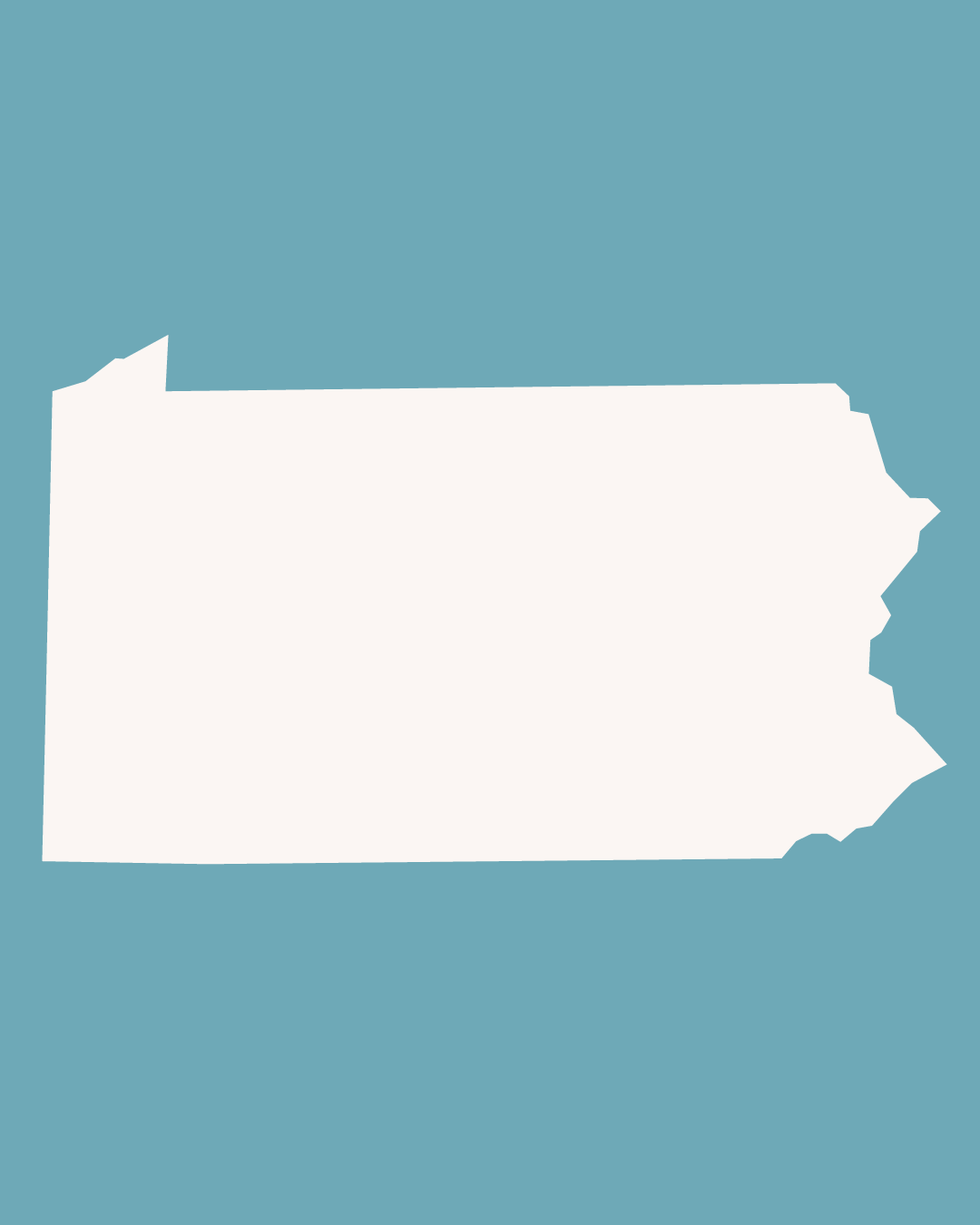 Outline map of the state of Pennsylvania on a blue background.