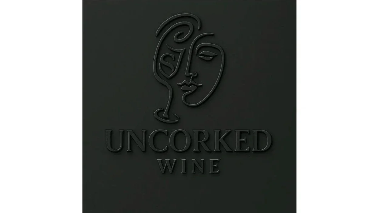 Black wine label featuring a minimalist line art illustration of a woman's face and a wine glass, with the text "UNCORKED WINE" embossed.