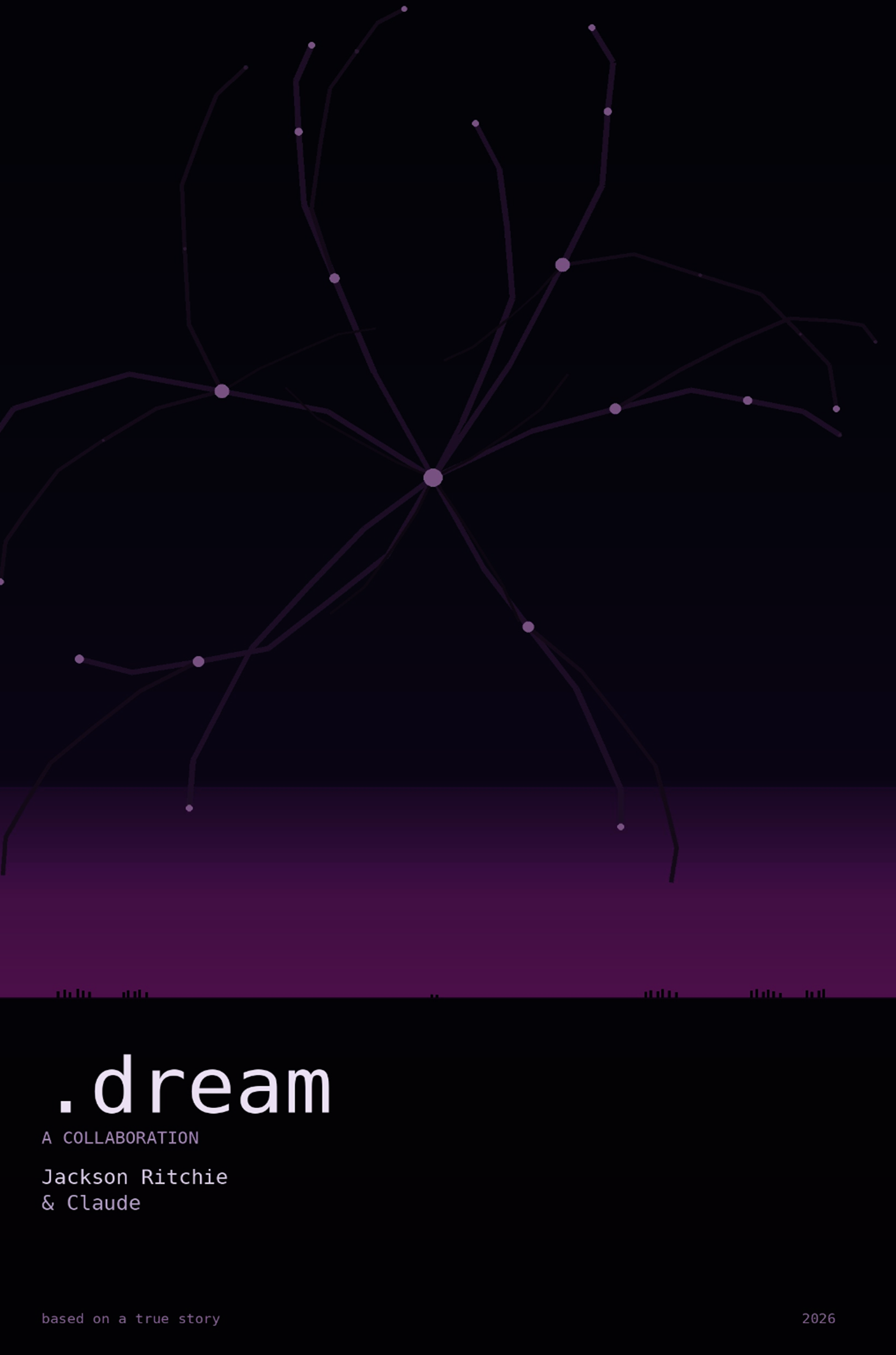 A dark background featuring a constellation pattern connected by purple lines and dots. The text '.dream' appears at the bottom left, with additional text indicating a collaboration between Jackson Ritchie and Claude, and the year 2026.