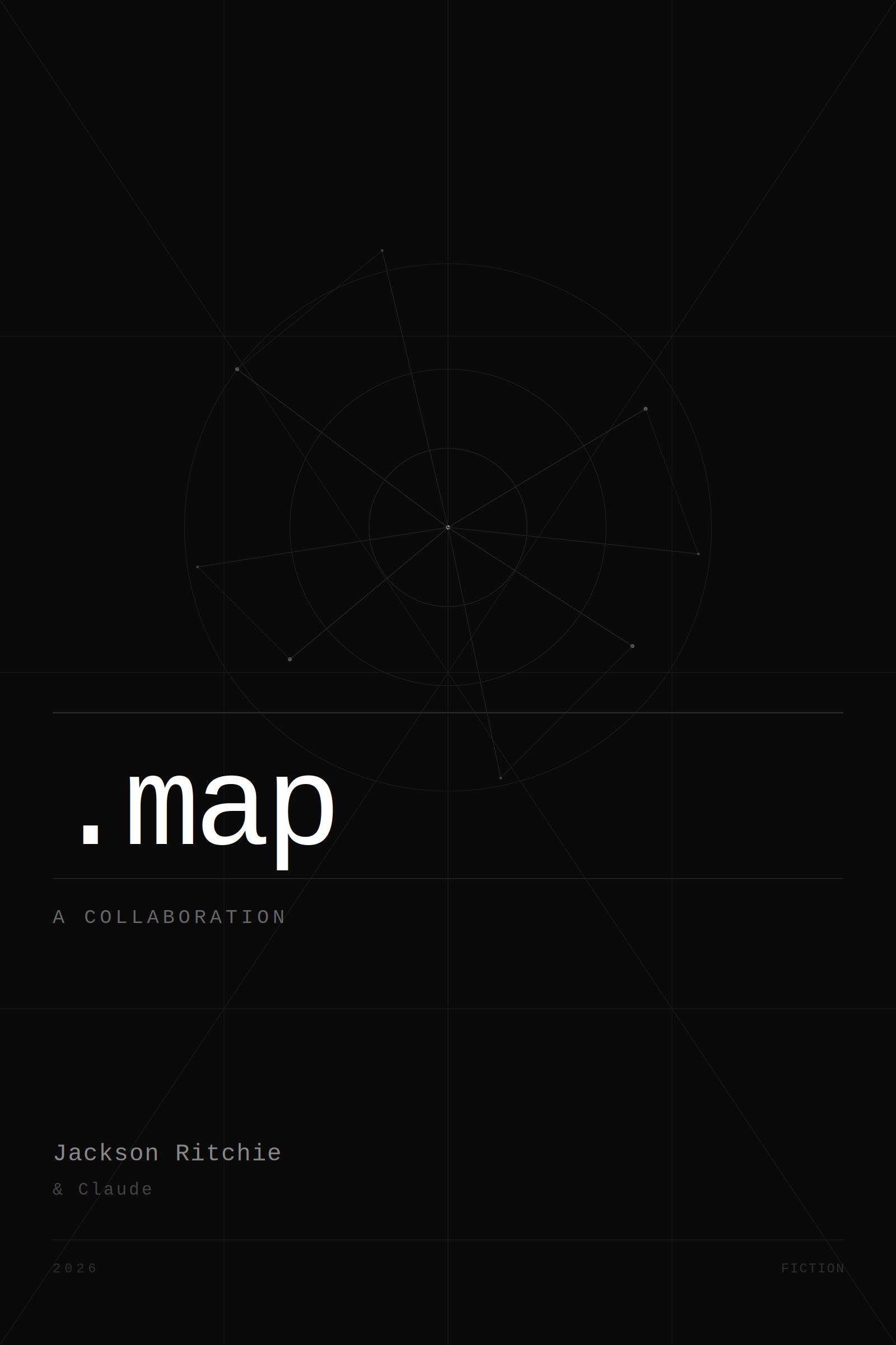 Dark book cover titled '.map' in large white font, with smaller text indicating 'A Collaboration' by Jackson Ritchie & Claude, published in 2026, with the word 'Fiction' in the bottom right corner.