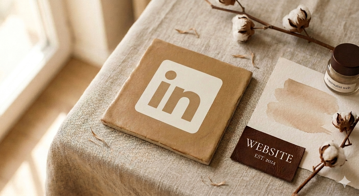 A table with a canvas covering, featuring a vintage-style book with the LinkedIn logo, a business card reading "WEBSITE EST. 2024," a small jar labeled "minimalist web," and dried cotton branches with cotton balls.