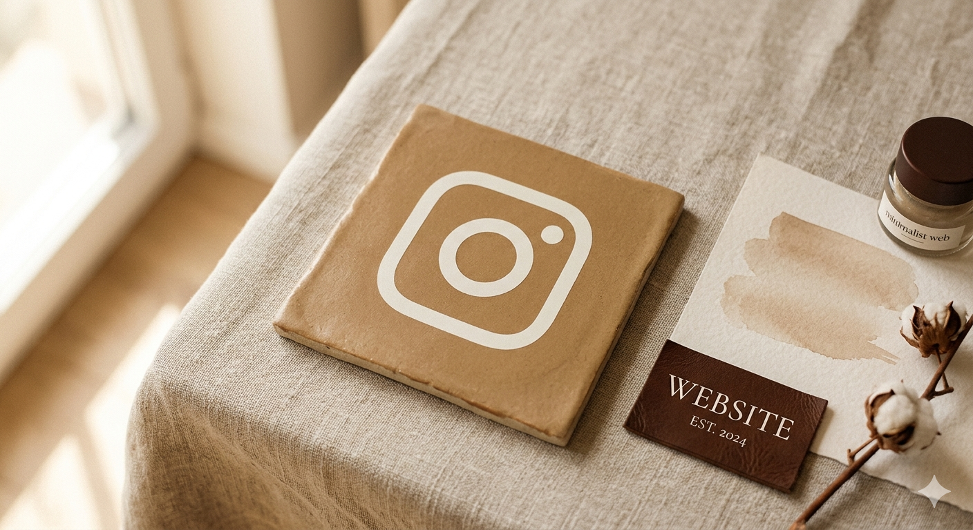 Flat lay of a beige box with a white Instagram logo, a brown card stating 'WEBSITE EST. 2024', a small jar with a dark brown lid, and a piece of paper with watercolor swatches, on a beige tablecloth near a window.