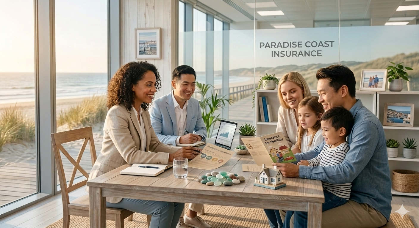 A family of four, including two children, sitting at a table with a realtor in an office with large windows overlooking a beach. The family is looking at brochures, and the realtor is smiling. The office has decorations, plants, and framed photos, with the words 'Paradise Coast Insurance' visible on the window.