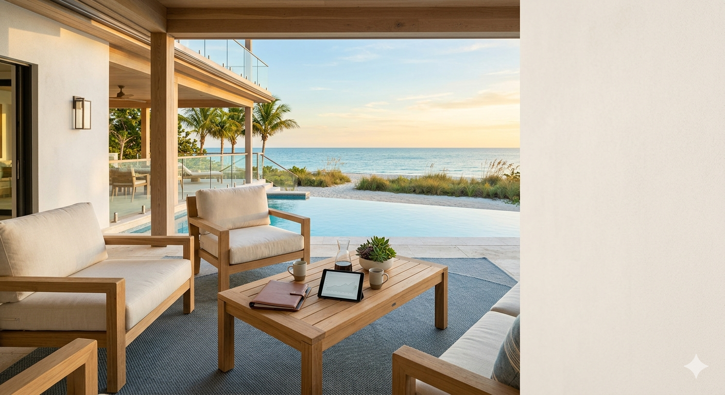 Indoor living room with wooden furniture, overlooking a pool and beach with palm trees and ocean at sunset.