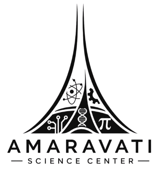 Logo for Amaravati Science Center featuring a stylized cone with scientific icons like atoms and DNA inside. Amaravati
