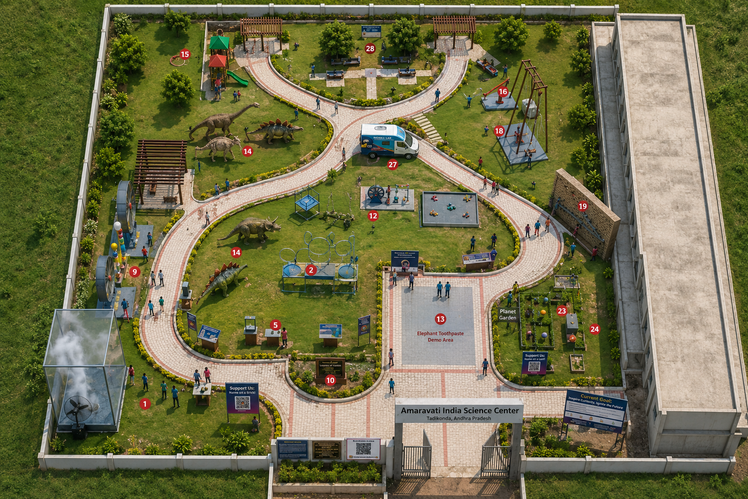 Top image of the plan of the Amaravati Science Center, modeled in canva and use AI to make the layout