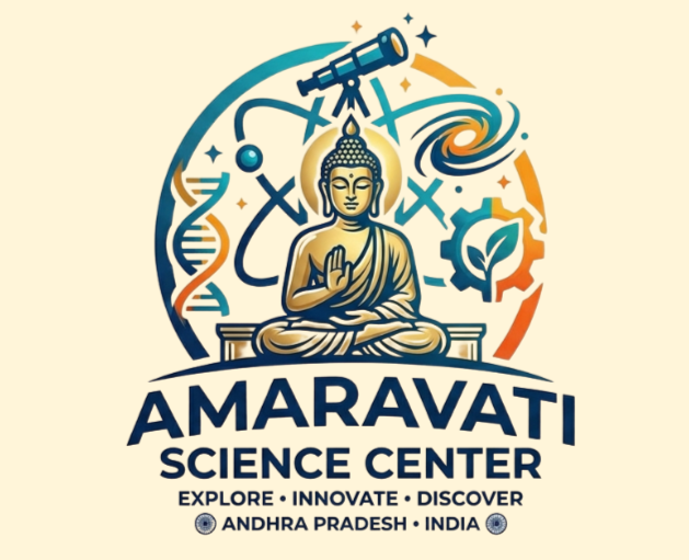Logo for Amaravati Science Center featuring a Buddha figure, science icons like a telescope, DNA helix, galaxy, and gear, with text about exploring, innovating, and discovering in Andhra Pradesh, India.