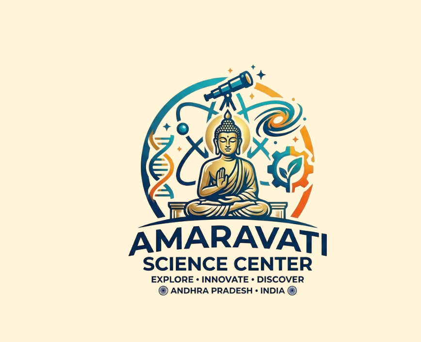 Logo for Amaravati Science Center featuring a Buddha figure, a telescope, DNA strand, galaxy, and a leaf, with text 'Amaravati Science Center' and slogans 'Explore, Innovate, Discover' in Andhra Pradesh, India.