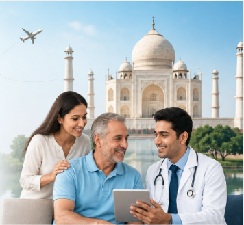 A doctor showing a tablet to a patient, with a woman standing beside them, in front of the Taj Mahal and an airplane in the sky.