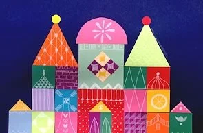 Colorful geometric Christmas houses with holiday decorations and backgrounds