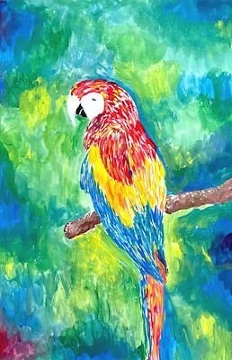 Colorful watercolor painting of a parrot perched on a branch with a vibrant green background.