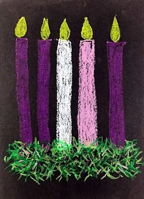 Drawing of five lit candles, two purple, one white, one pink, and one purple, with green foliage at the base, on a black background.