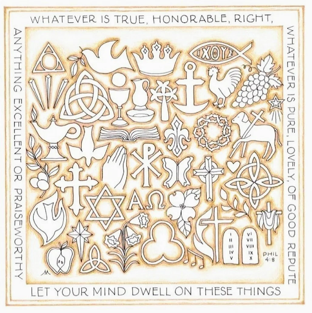 A collection of religious symbols and icons, including crosses, a dove, a candle, a chalice, a Bible, a fish, a crown, a rooster, grapes, a star, a heart, a four-leaf clover, a musical note, a rose, a pomegranate, and an anchor, with a border contain