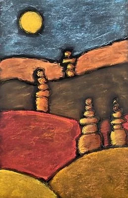 Colorful painting of stacked rocks on a hillside at night with a bright full moon in the sky.