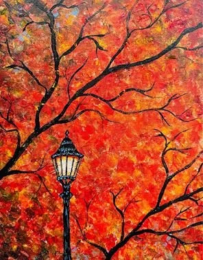 Painted autumn scene with a black street lamp and red-orange leaves on trees