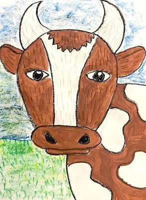 A hand-drawn cow with brown and white fur, black eyes, and large horns, standing outdoors with a green field and blue sky in the background.