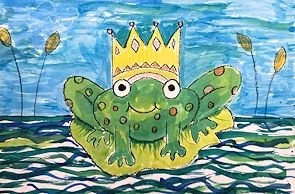 A cartoon-style drawing of a green frog wearing a yellow crown with blue jewels, sitting in a small boat on water with blue sky and clouds in the background.