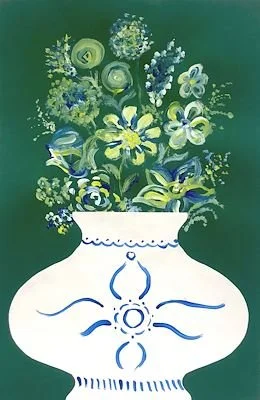 A white vase with blue decorative patterns, holding a bouquet of blue, yellow, and white flowers on a green background.