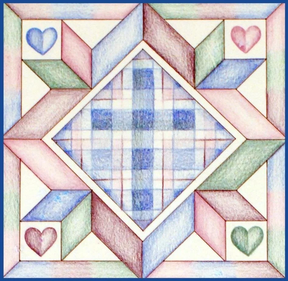 A colorful quilt with a central blue cross design surrounded by a square border with pink, green, and blue geometric patterns, and heart shapes in each corner.
