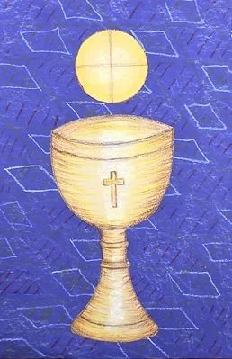 A chalice with a gold cross on it, a host above it, and a large yellow circle representing the Eucharist in a religious illustration.