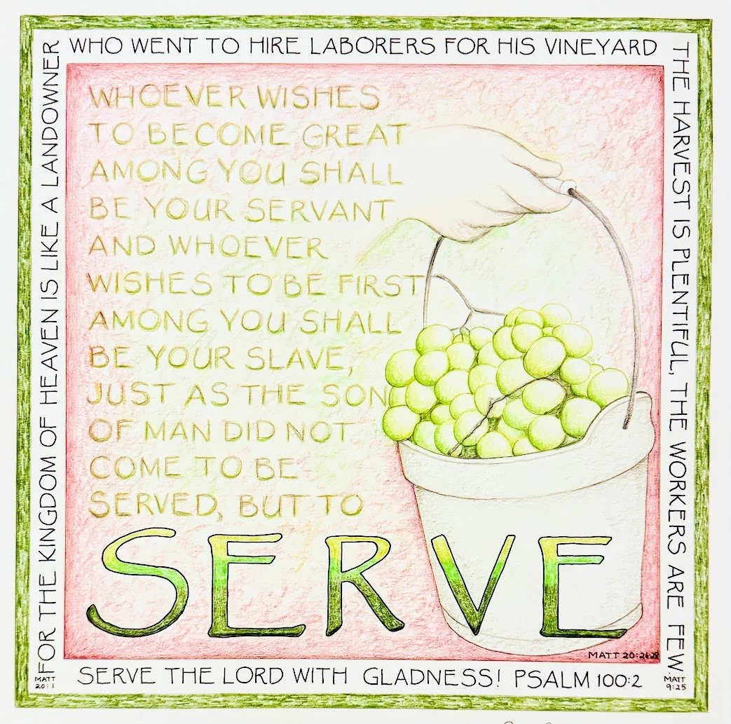 Illustration of a hand holding a bunch of green grapes over a bucket filled with grapes, with handwritten Bible verses and phrases about serving the Lord. The prominent word 'SERVE' is at the bottom.